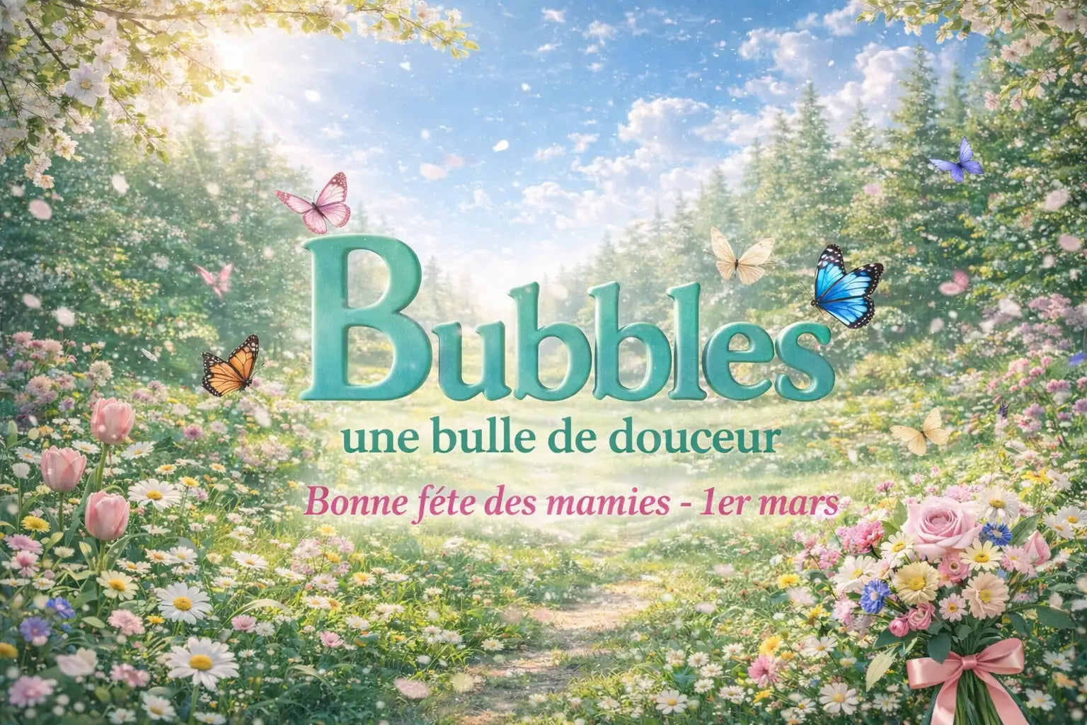 L'image présente une scène florale vibrante, illustrée numériquement, avec des papillons et le logo proéminent 'bubbles' de couleur turquoise.